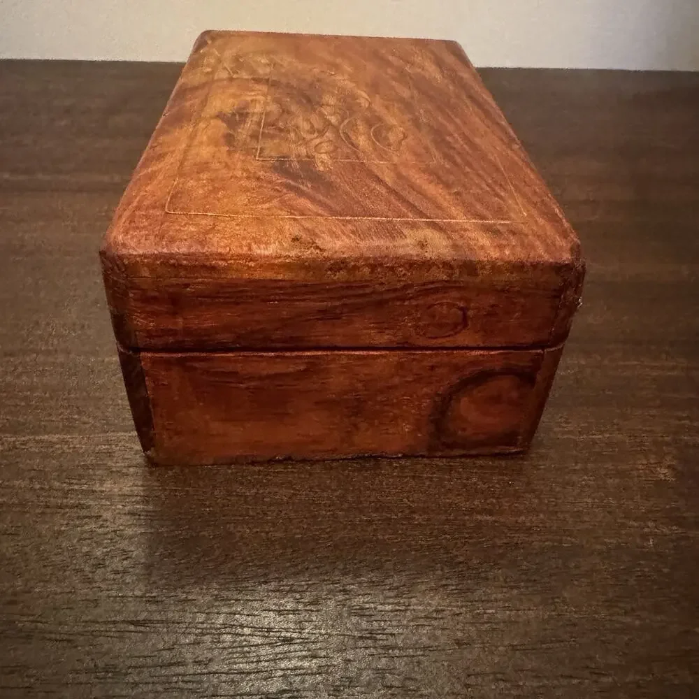Wooden Box Hand Carved Brass‎ Inlaid Floral Hinged India Vtg Trinket Pen Artisan